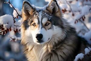 alaskan malamute på bakgrund av snötäckt skog närbild Foto, naturlig naturlig ljus. ai konst foto