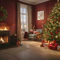 jul träd, glad krismas baner med kvistar skön röd bollar och skön bakgrund med ai genererad foto