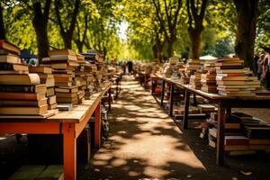 brittiskt utomhus- Semester bok bås fylld med litterär skatter i marknader foto