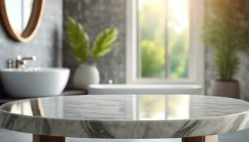 ofylld marmor bordsskiva med dimmig bakgrund av en badrum foto