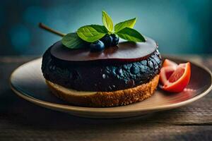 en choklad kaka med blåbär och mynta på en tallrik. ai-genererad foto