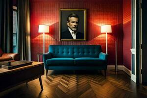 en levande rum med en blå soffa och en porträtt av en man. ai-genererad foto