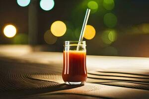 en glas av juice med en sugrör Sammanträde på en tabell. ai-genererad foto