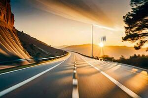 en bil körning på en motorväg på solnedgång. ai-genererad foto