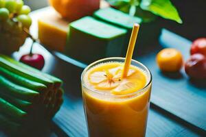 en glas av orange juice med en sugrör. ai-genererad foto