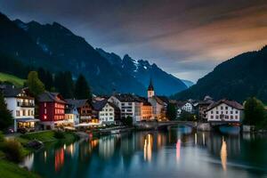 Foto tapet de himmel, berg, vatten, hus, de stad, de flod, de bro. ai-genererad