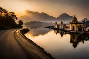 de Sol stiger över en sjö och en tempel. ai-genererad foto
