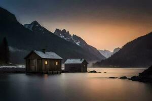 Foto tapet de himmel, berg, sjö, de hus, de berg, de sjö, de. ai-genererad