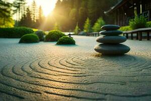 en zen trädgård med stenar och en träd. ai-genererad foto