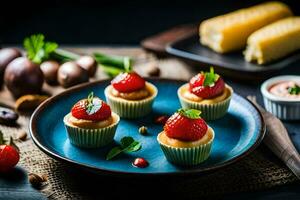 mini cheesecakes med jordgubbar och ost på en blå tallrik. ai-genererad foto