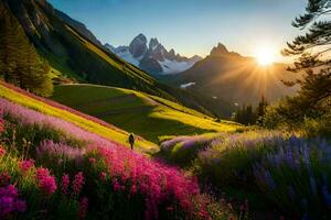 de Sol stiger över de bergen och blommor i de dal. ai-genererad foto