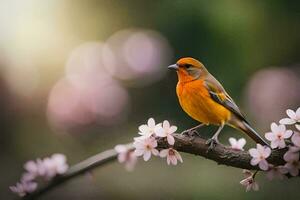 en små orange fågel sitter på en gren med rosa blommor. ai-genererad foto