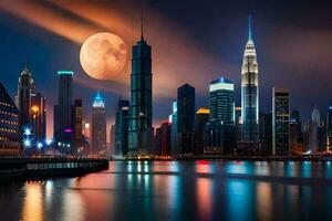 de stad horisont på natt med en full måne. ai-genererad foto