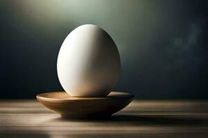 ett ägg på en trä- stå. ai-genererad foto
