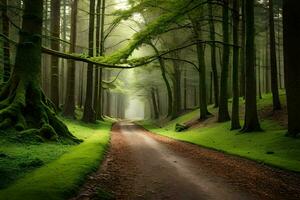 en väg genom en grön skog med träd och träd. ai-genererad foto