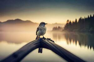 en fågel sitter på en trä- Pol i främre av en sjö. ai-genererad foto