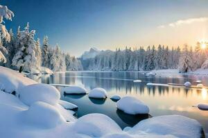 Foto tapet de himmel, snö, träd, sjö, de Sol, berg, träd, vinter. ai-genererad