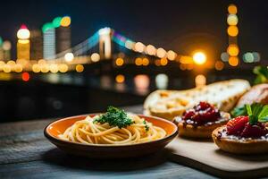 pasta och bröd med en se av de stad. ai-genererad foto