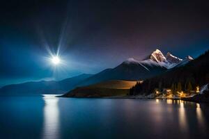 en full måne lyser över en berg räckvidd och sjö. ai-genererad foto