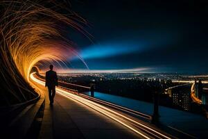 en man promenader ner en lång tunnel med ljus stigar. ai-genererad foto