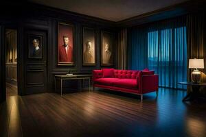 en röd soffa sitter i en rum med målningar på de vägg. ai-genererad foto