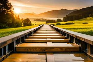 en trä- gångväg leder till de Sol i de berg. ai-genererad foto