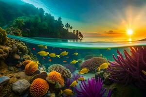 de Sol stiger över en korall rev och fisk. ai-genererad foto