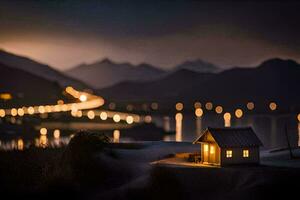 en miniatyr- hus sitter på de strand på natt. ai-genererad foto