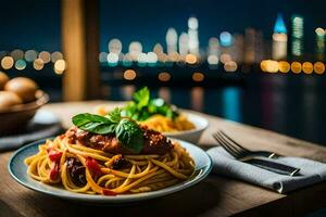 spaghetti med kött och grönsaker på en tabell i främre av en stadsbild. ai-genererad foto