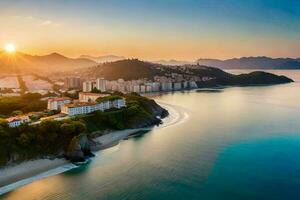 de Sol uppsättningar över de strand och bergen i Brasilien. ai-genererad foto