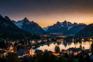 de skön sjö och bergen av schweiz på solnedgång. ai-genererad foto