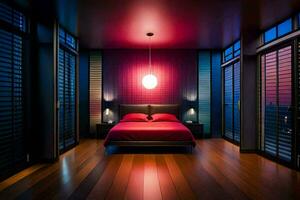 en sovrum med en röd säng och trä- golv. ai-genererad foto