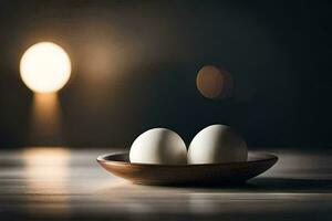 två ägg i en skål på en tabell. ai-genererad foto