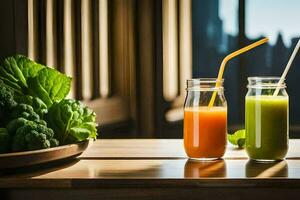 två flaskor av juice Sammanträde på en tabell med grönsaker. ai-genererad foto