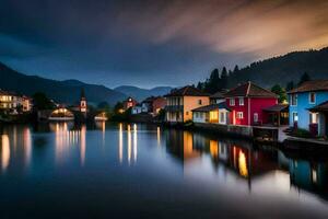 Foto tapet de himmel, vatten, berg, hus, de natt, de flod, de stad. ai-genererad