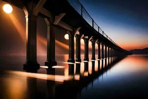en lång bro med pelare i de vatten på solnedgång. ai-genererad foto