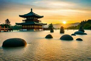 de Sol uppsättningar över en pagod och stenar i en sjö. ai-genererad foto