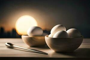 ägg i en skål med en sked på en tabell. ai-genererad foto
