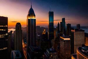 de stad horisont på solnedgång i ny york. ai-genererad foto