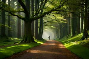 en man promenader ner en väg i de skogen. ai-genererad foto