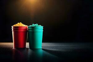 två färgrik koppar av popcorn på en mörk yta. ai-genererad foto