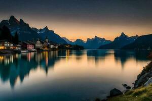 de bergen är reflekterad i de vatten på solnedgång. ai-genererad foto