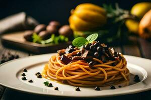 spaghetti med svart bönor och svamp på en vit tallrik. ai-genererad foto