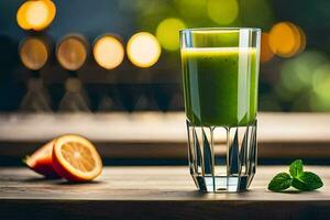 en glas av grön juice på en tabell. ai-genererad foto