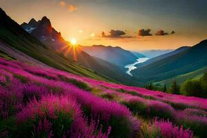 de Sol stiger över en lila fält av blommor i de berg. ai-genererad foto