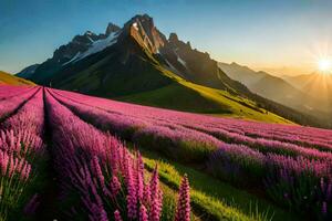 de Sol stiger över lavendel- fält i de berg. ai-genererad foto