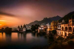 de solnedgång över de sjö i udaipur, Indien. ai-genererad foto