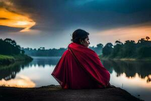 en kvinna i röd Sammanträde på de kant av en sjö på solnedgång. ai-genererad foto