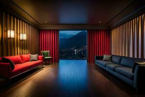en levande rum med röd gardiner och en se av de berg. ai-genererad foto