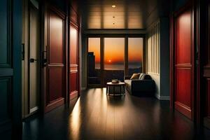 en hall med röd dörrar och en se av de solnedgång. ai-genererad foto
